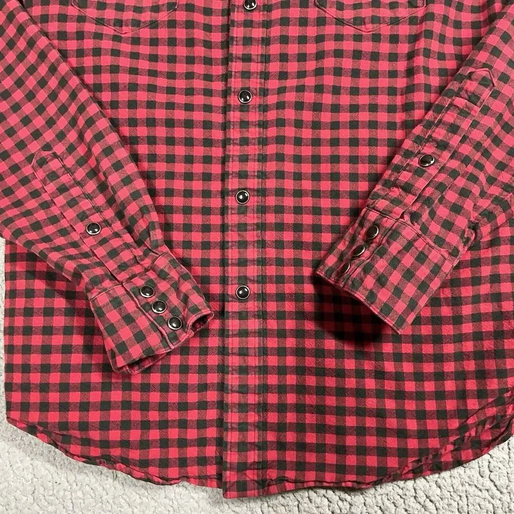 Polo Ralph‎ Lauren Shirt Mens Medium Red Black Gingham Pearl Snap Western Cowboy